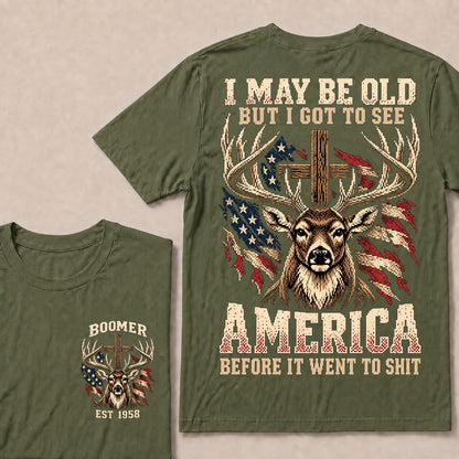 Retro Pixel Buck Deer & Cross T-Shirt | Patriotic Hunting "I May Be Old" Graphic Tee