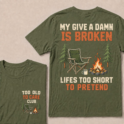 Retro Pixel Campfire & Chair T-Shirt | "My Give A Damn Is Broken" Funny Camping Tee