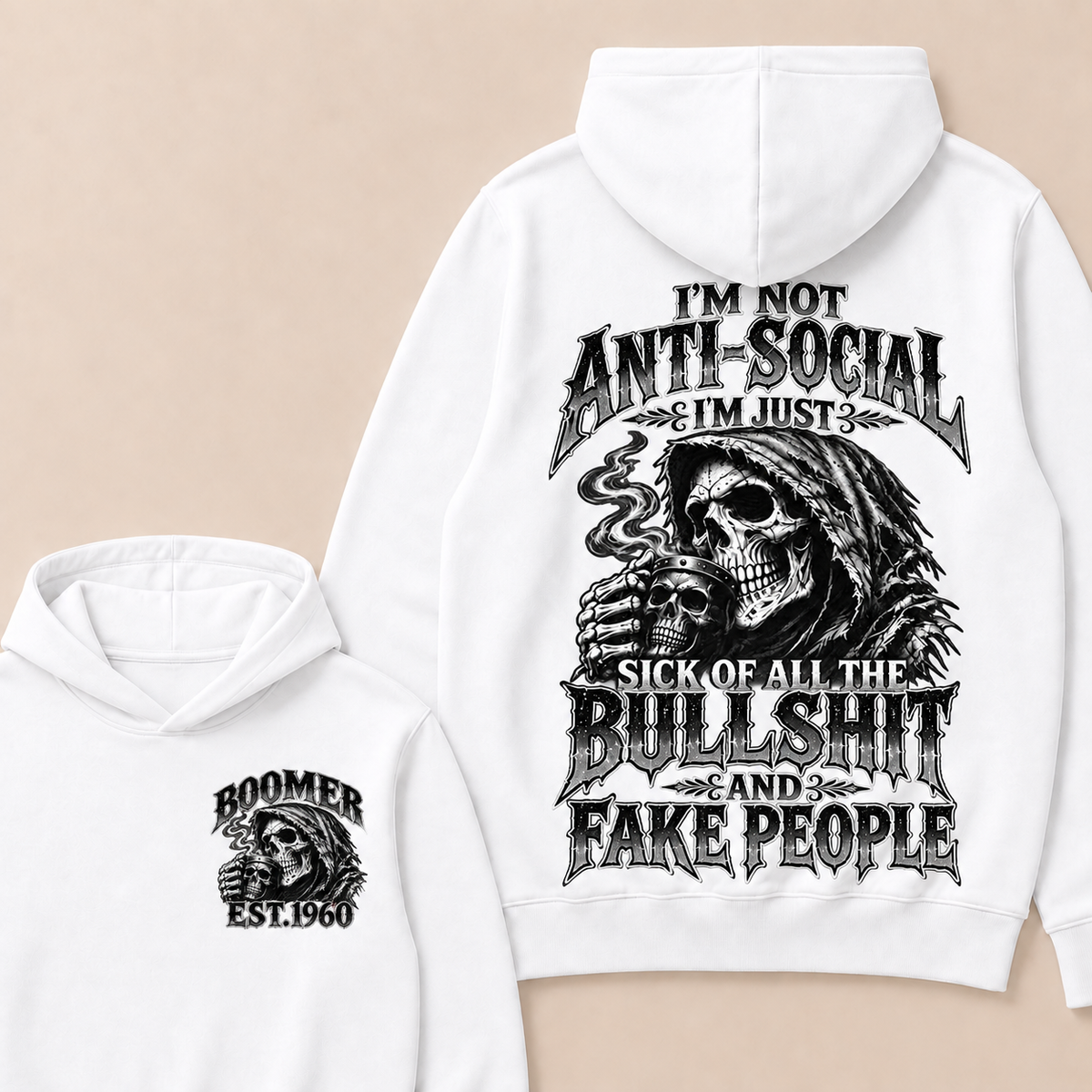 Custom EST.Year I'm Not Anti-Social I'm Just Sick Of All The Bullshit And Fake People – Boomer Vintage Skull Graphic Hoodie