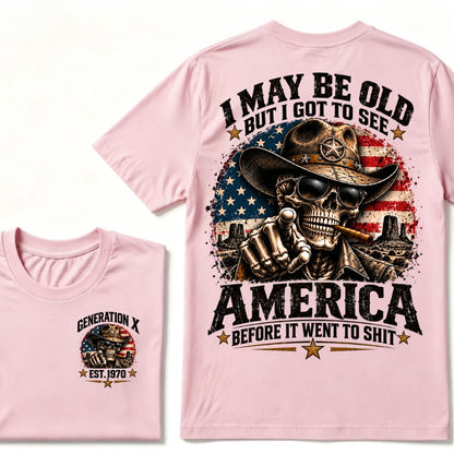 Generation X EST.Year Cowboy Skull American Flag T-Shirt I May Be Old But I Got To See America Vintage Western Patriotic Tee