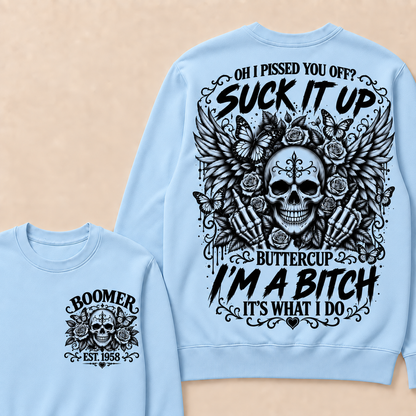 Custom Year Boomer Suck It Up Buttercup Skull Graphic Sweatshirt