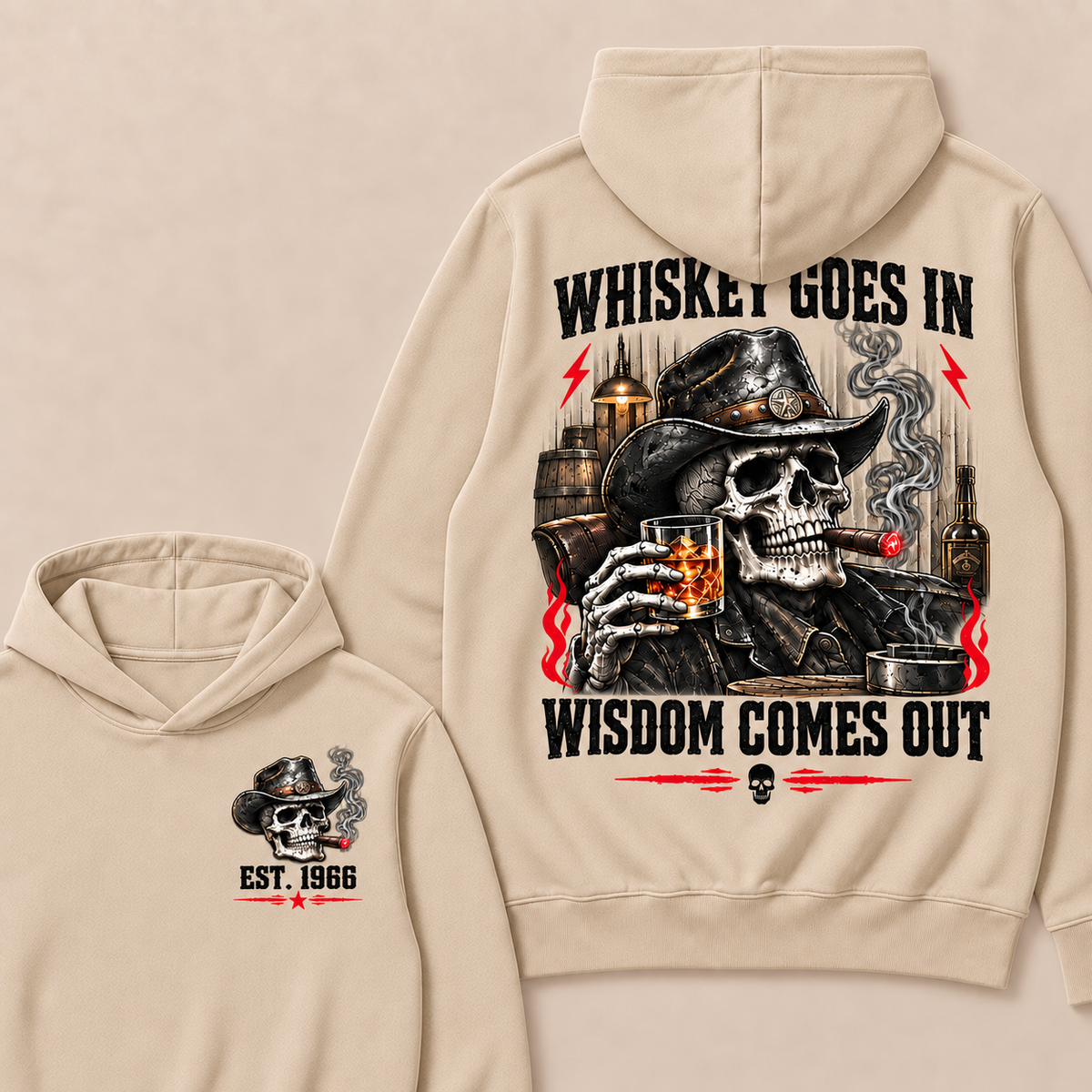 "Whiskey Goes In, Wisdom Comes Out"–Custom EST.Year Cowboy Skull & Cigar Hoodie