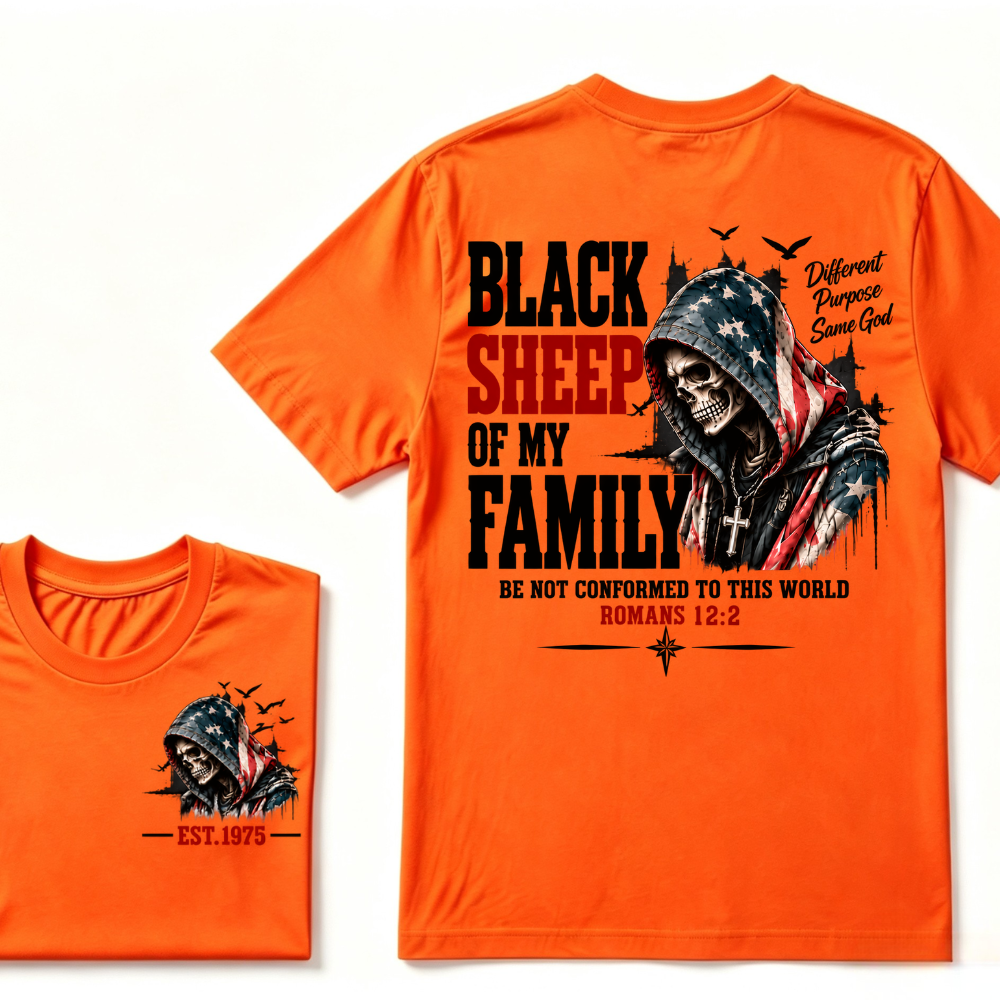 Black Sheep Of My Family Romans 12:2 EST.Year American Flag Skull Print T‑Shirt Christian Faith Vintage Graphic Tee