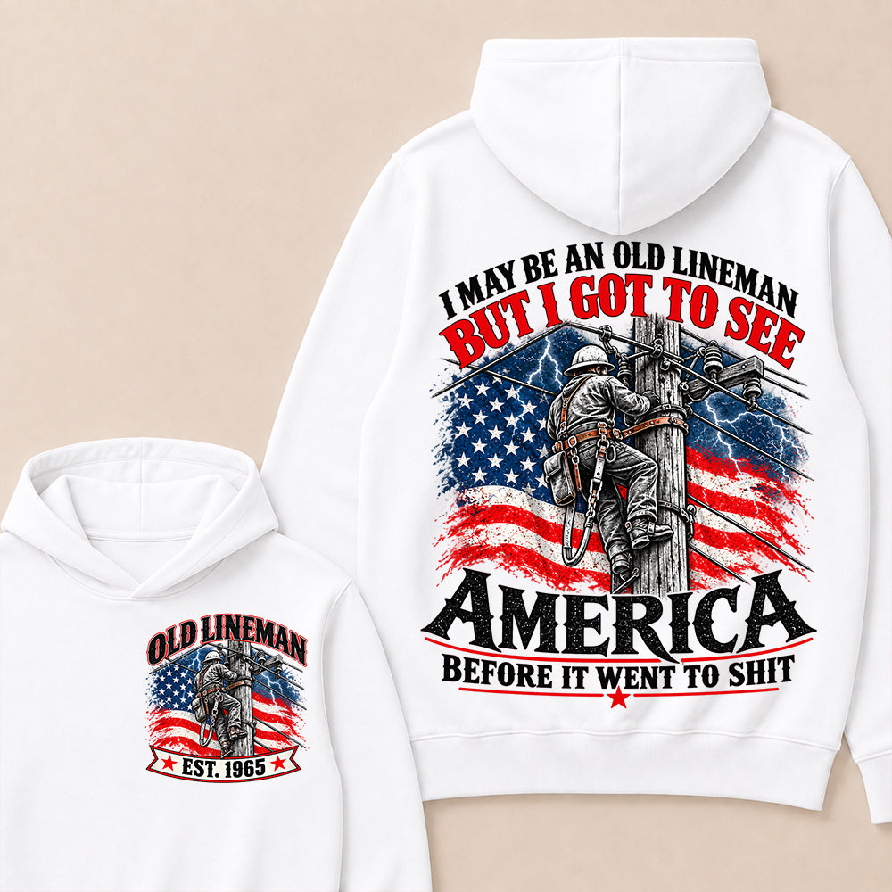 Funny Old Lineman American Flag Hoodie, Vintage Electrician Lineman Gift, Patriotic USA Powerline Worker Tee, Retro 1965 Lineman Hoodie