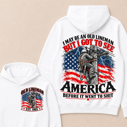 Funny Old Lineman American Flag Hoodie, Vintage Electrician Lineman Gift, Patriotic USA Powerline Worker Tee, Retro 1965 Lineman Hoodie