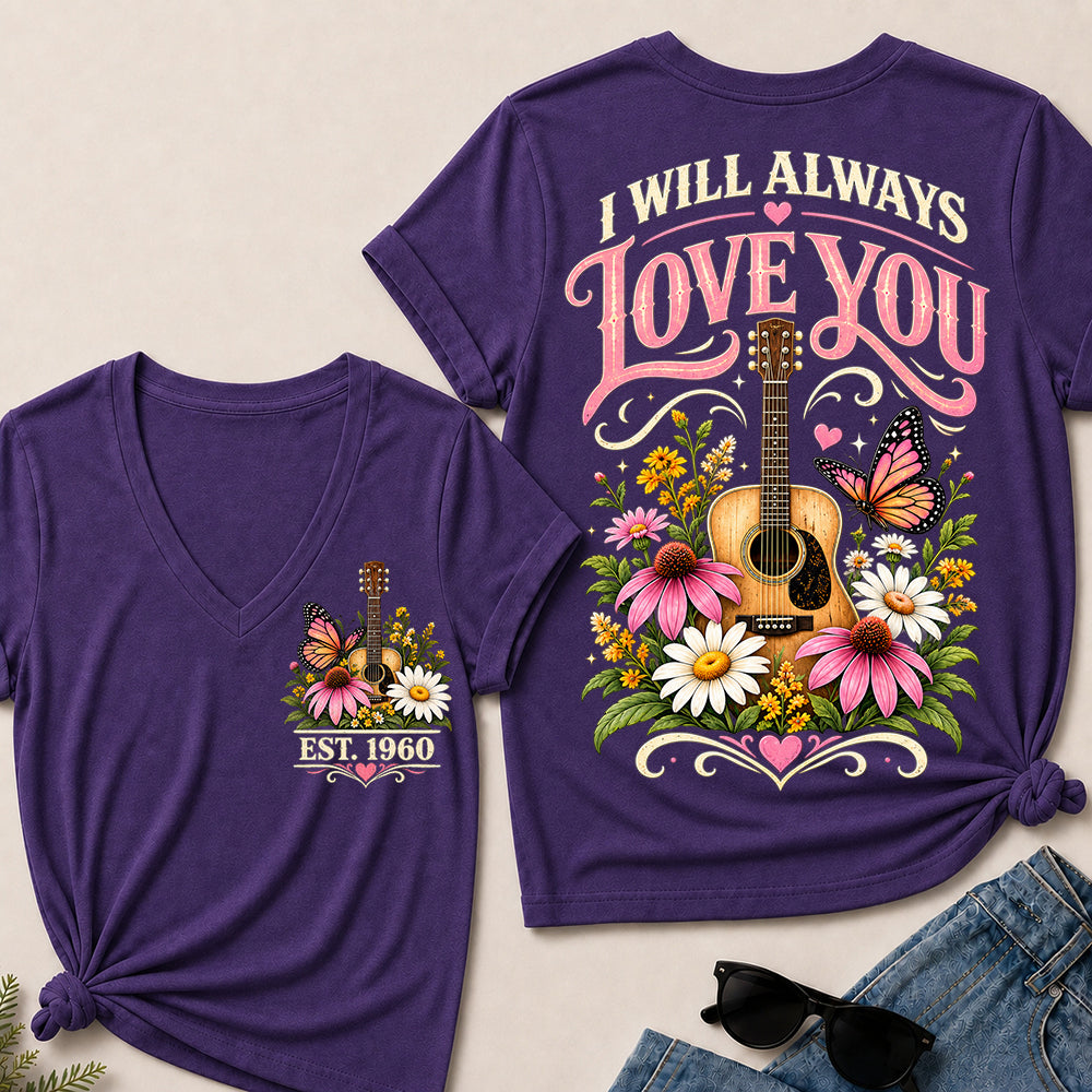 I Will Always Love You – Custom EST.Year Floral Guitar & Butterfly Women’s V-Neck T-Shirt
