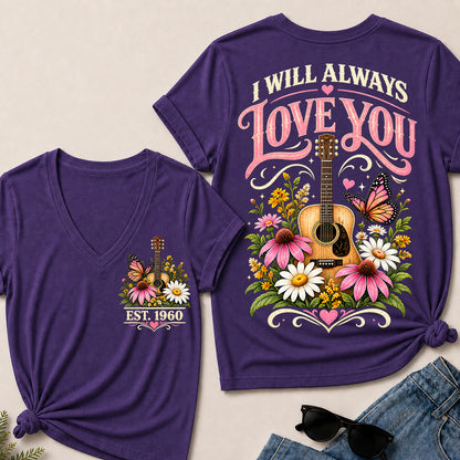 I Will Always Love You – Custom EST.Year Floral Guitar & Butterfly Women’s V-Neck T-Shirt