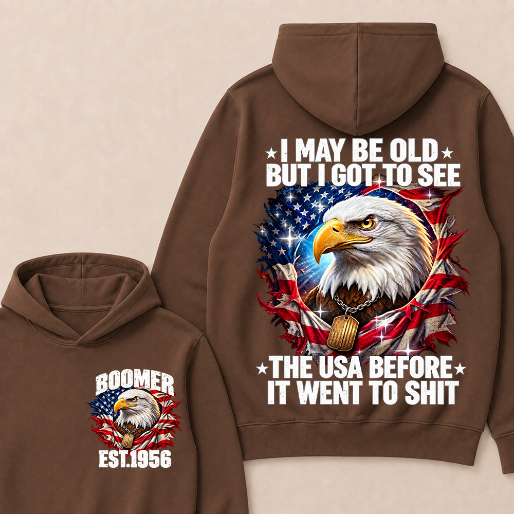 Boomer EST.Year I May Be Old But I Got To See America Longhorn Skull Retro Patriotic Eagle Hoodie