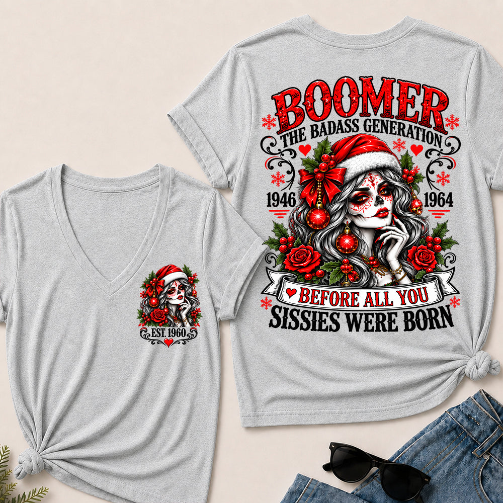 Boomer The Badass Generation – Christmas Sugar Skull Women's V-Neck T-Shirt
