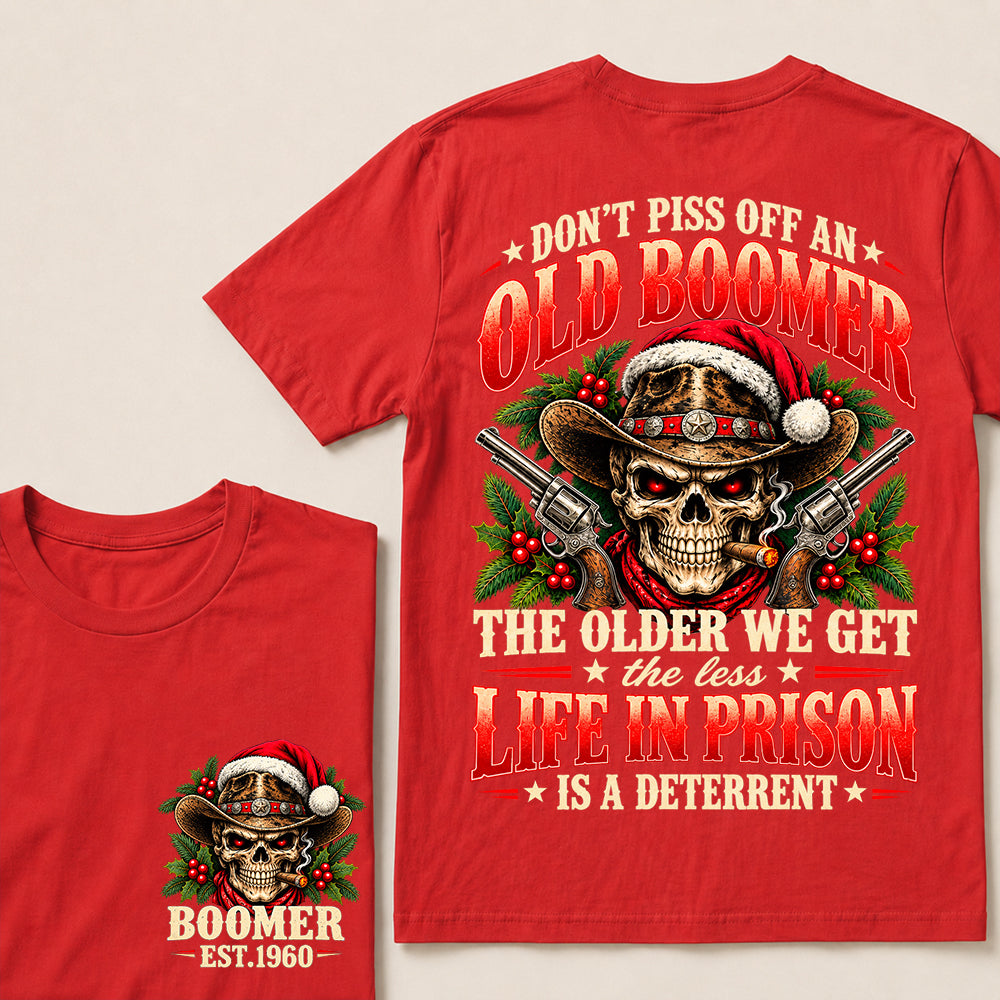Don’t Piss Off an Old Boomer – Custom EST.Year Christmas Cowboy Skull & Crossed Revolvers T-Shirt