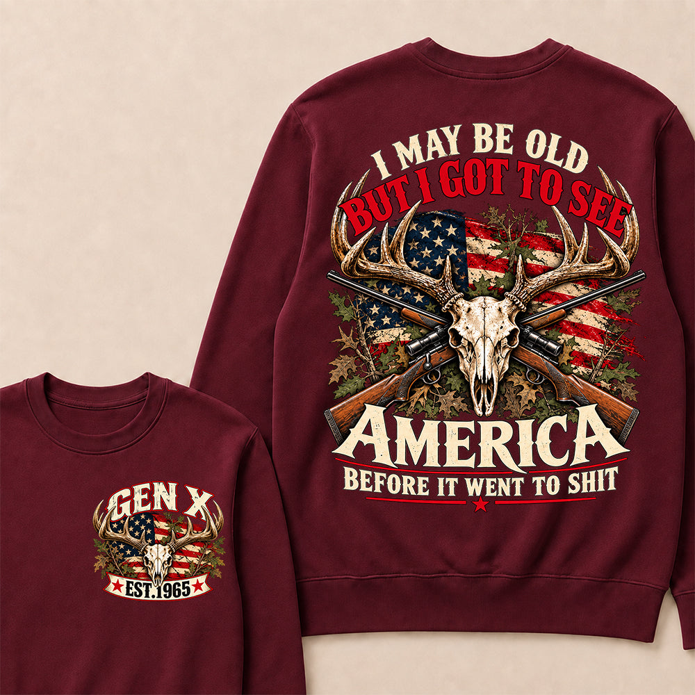 Funny Gen X Hunter Crewneck, Vintage Deer Skull American Flag Tee, Retro 1965 Hunting Gift, Patriotic Hunter Crewneck