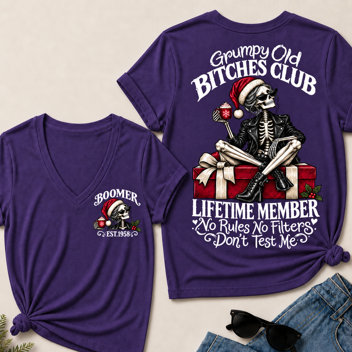 Grumpy Old Bitches Club Lifetime Member – Boomer Custom EST. Year Christmas Skeleton Women’s V-Neck T-Shirt