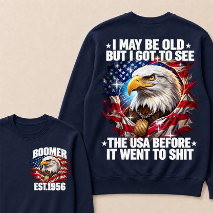 Boomer EST.Year I May Be Old But I Got To See America Longhorn Skull Retro Patriotic Eagle Sweatshirt