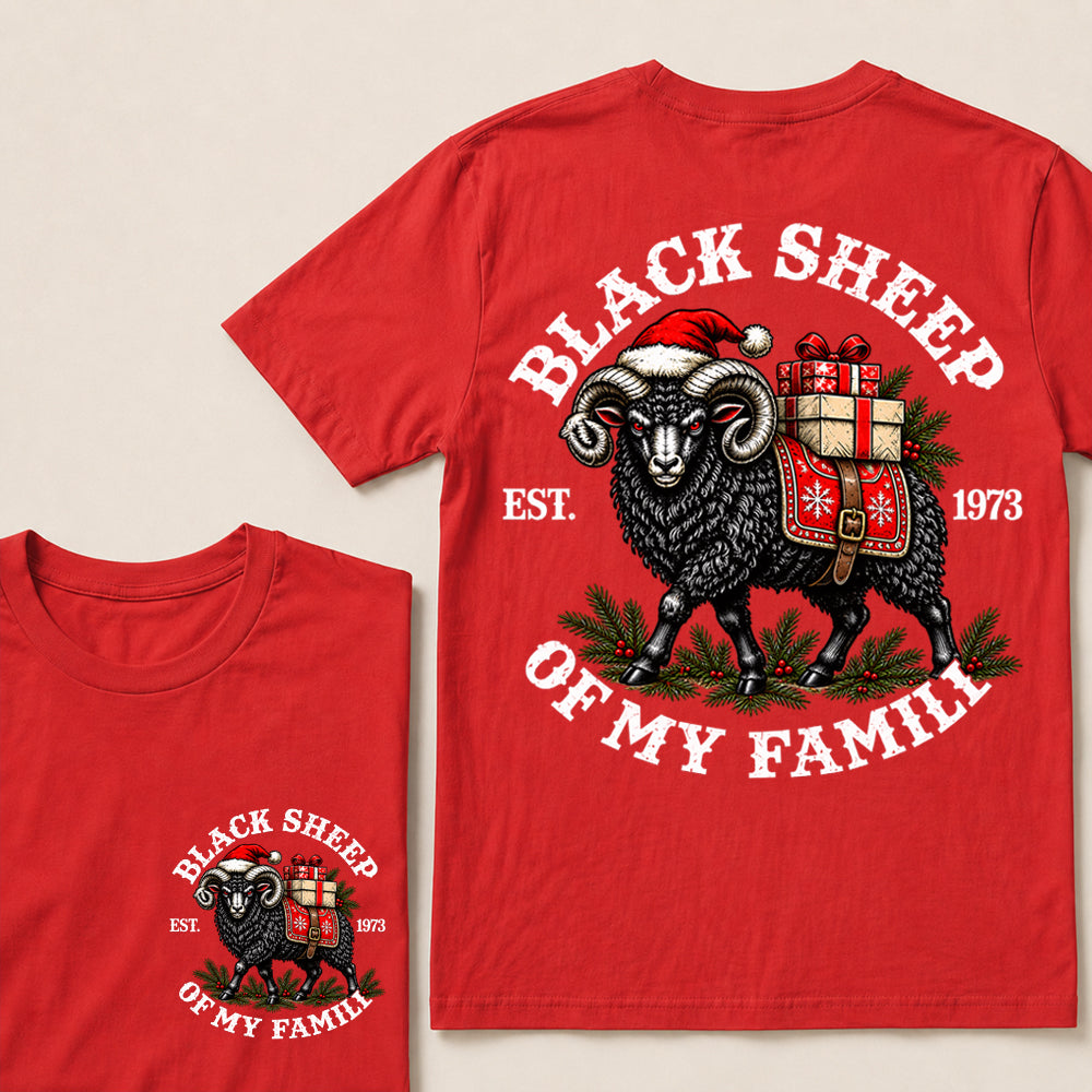 Black Sheep of My Family – Custom EST. Year Christmas Ram & Gifts Graphic T-Shirt