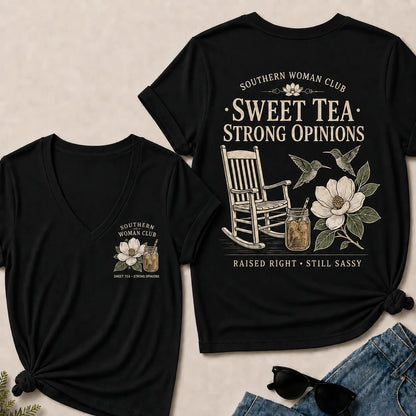 Southern Woman Club Sweet Tea Strong Opinions V-Neck T-shirts– Vintage Magnolia Graphic  V-Neck T-shirts For Southern Women