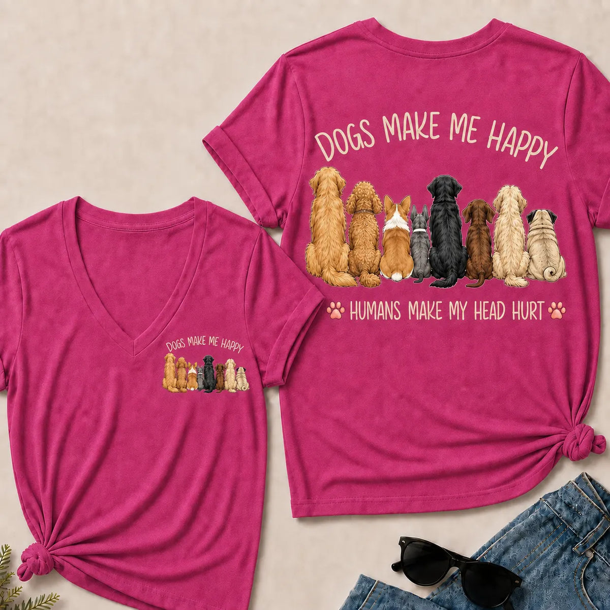 "Dogs Make Me Happy – Humans Make My Head Hurt" V-Neck Tee