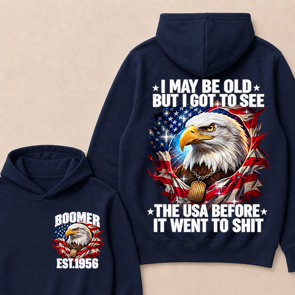 Boomer EST.Year I May Be Old But I Got To See America Longhorn Skull Retro Patriotic Eagle Hoodie