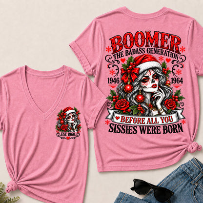 Boomer The Badass Generation – Christmas Sugar Skull Women's V-Neck T-Shirt