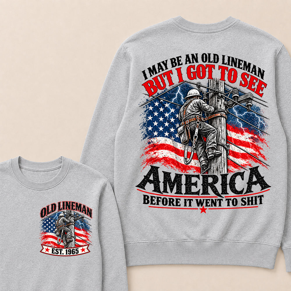 Funny Old Lineman American Flag Crewneck, Vintage Electrician Lineman Gift, Patriotic USA Powerline Worker Tee, Retro 1965 Lineman Crewneck