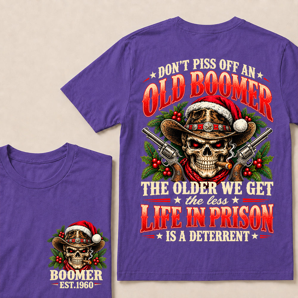 Don’t Piss Off an Old Boomer – Custom EST.Year Christmas Cowboy Skull & Crossed Revolvers T-Shirt