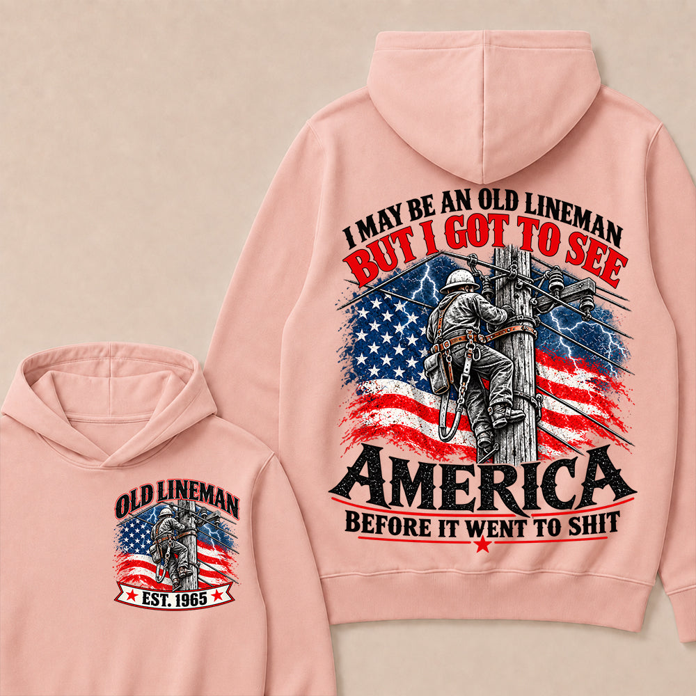 Funny Old Lineman American Flag Hoodie, Vintage Electrician Lineman Gift, Patriotic USA Powerline Worker Tee, Retro 1965 Lineman Hoodie