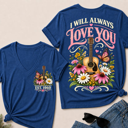I Will Always Love You – Custom EST.Year Floral Guitar & Butterfly Women’s V-Neck T-Shirt