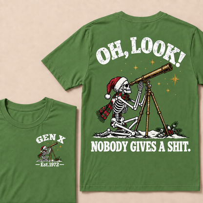 Oh Look! Nobody Gives a Shit – Gen X Custom EST. Year Christmas Skeleton & Telescope T-Shirt