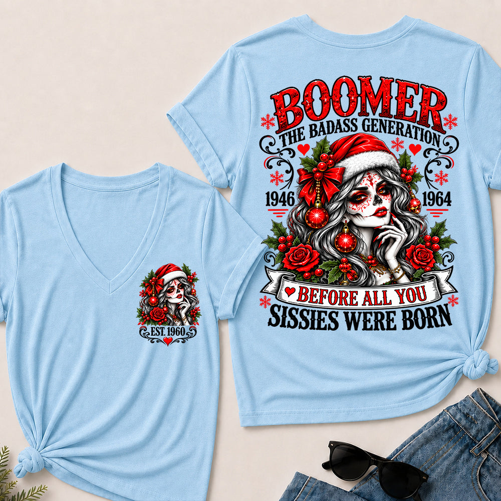 Boomer The Badass Generation – Christmas Sugar Skull Women's V-Neck T-Shirt