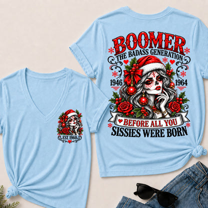 Boomer The Badass Generation – Christmas Sugar Skull Women's V-Neck T-Shirt