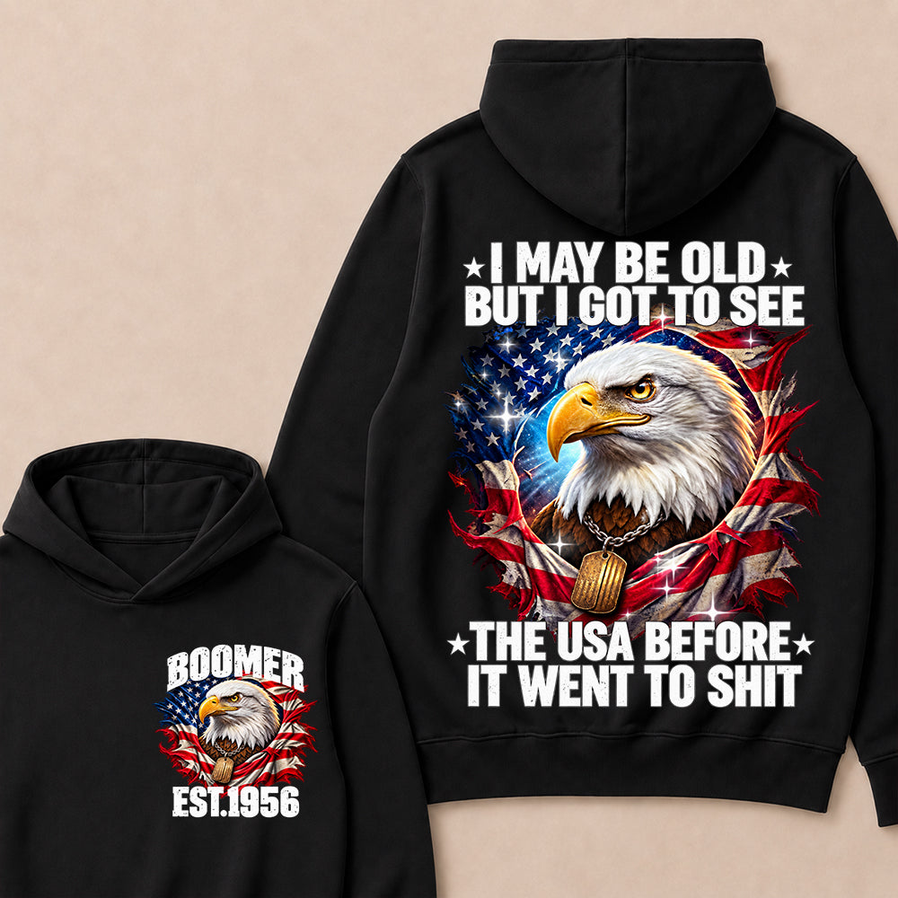 Boomer EST.Year I May Be Old But I Got To See America Longhorn Skull Retro Patriotic Eagle Hoodie