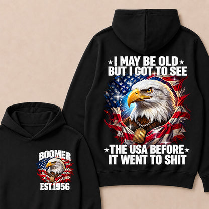 Boomer EST.Year I May Be Old But I Got To See America Longhorn Skull Retro Patriotic Eagle Hoodie