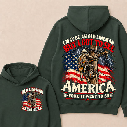 Funny Old Lineman American Flag Hoodie, Vintage Electrician Lineman Gift, Patriotic USA Powerline Worker Tee, Retro 1965 Lineman Hoodie