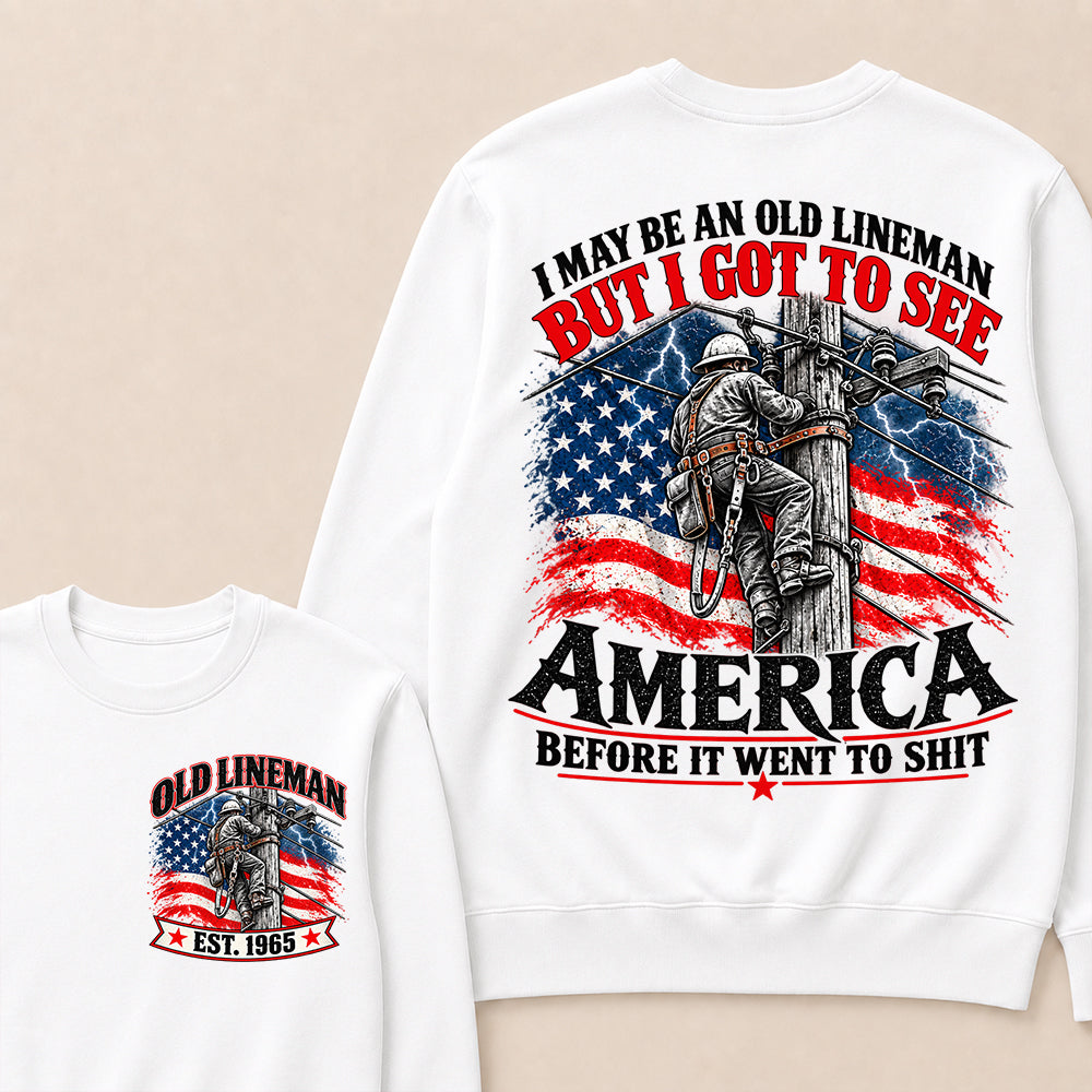 Funny Old Lineman American Flag Crewneck, Vintage Electrician Lineman Gift, Patriotic USA Powerline Worker Tee, Retro 1965 Lineman Crewneck