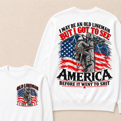 Funny Old Lineman American Flag Crewneck, Vintage Electrician Lineman Gift, Patriotic USA Powerline Worker Tee, Retro 1965 Lineman Crewneck