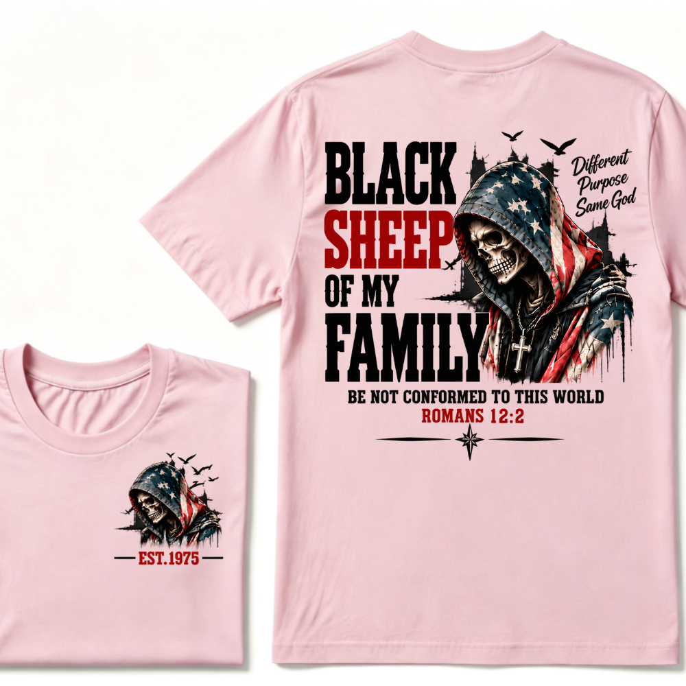 Black Sheep Of My Family Romans 12:2 EST.Year American Flag Skull Print T‑Shirt Christian Faith Vintage Graphic Tee