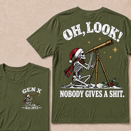 Oh Look! Nobody Gives a Shit – Gen X Custom EST. Year Christmas Skeleton & Telescope T-Shirt