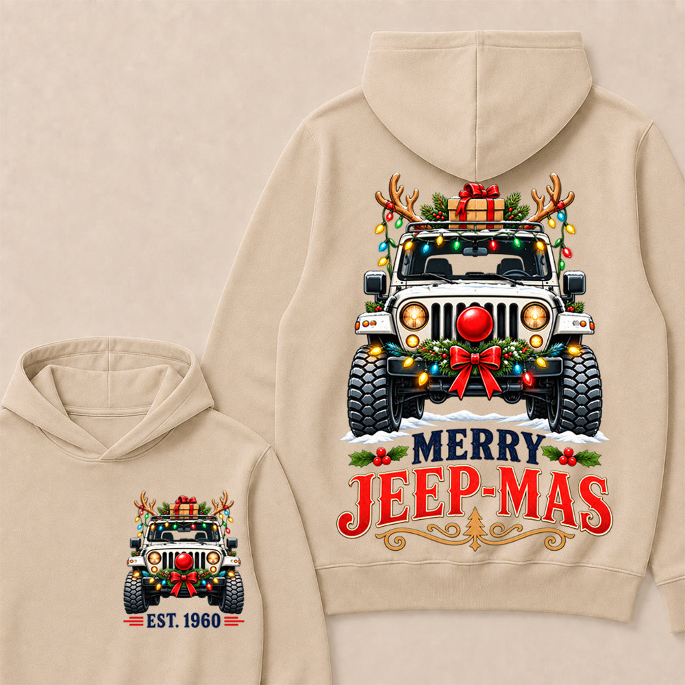 Merry Jeep-Mas – Custom EST.Year Christmas Off-Road Vehicle & Reindeer Antlers Hoodie