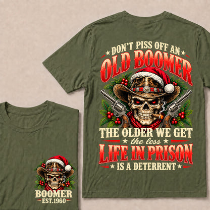 Don’t Piss Off an Old Boomer – Custom EST.Year Christmas Cowboy Skull & Crossed Revolvers T-Shirt