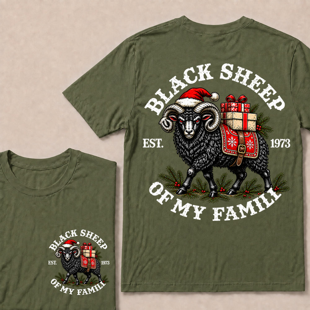 Black Sheep of My Family – Custom EST. Year Christmas Ram & Gifts Graphic T-Shirt
