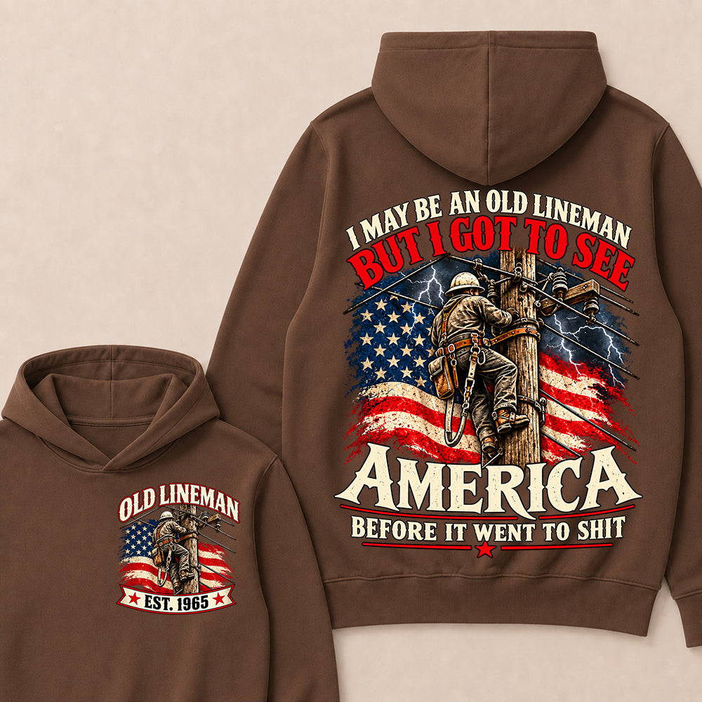 Funny Old Lineman American Flag Hoodie, Vintage Electrician Lineman Gift, Patriotic USA Powerline Worker Tee, Retro 1965 Lineman Hoodie