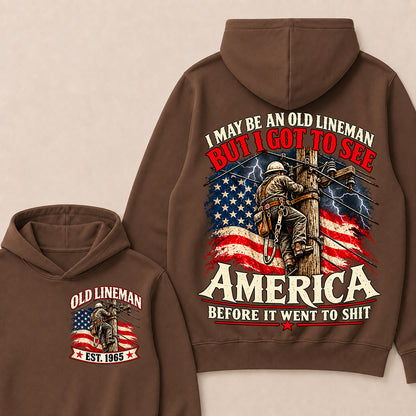 Funny Old Lineman American Flag Hoodie, Vintage Electrician Lineman Gift, Patriotic USA Powerline Worker Tee, Retro 1965 Lineman Hoodie