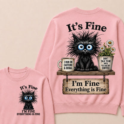 "It's Fine, I'm Fine, Everything Is Fine" Black Cat V-Neck T-Shirt | Caffeine & Denial Crewneck