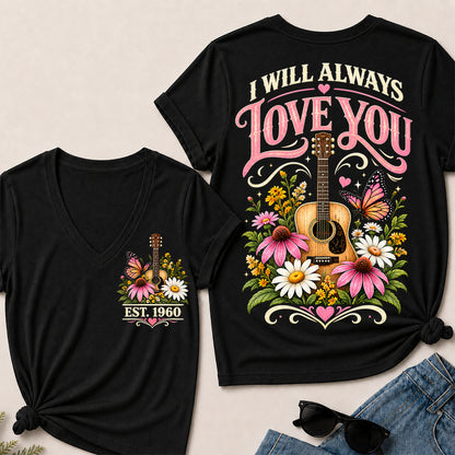 I Will Always Love You – Custom EST.Year Floral Guitar & Butterfly Women’s V-Neck T-Shirt