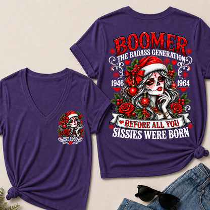 Boomer The Badass Generation – Christmas Sugar Skull Women's V-Neck T-Shirt