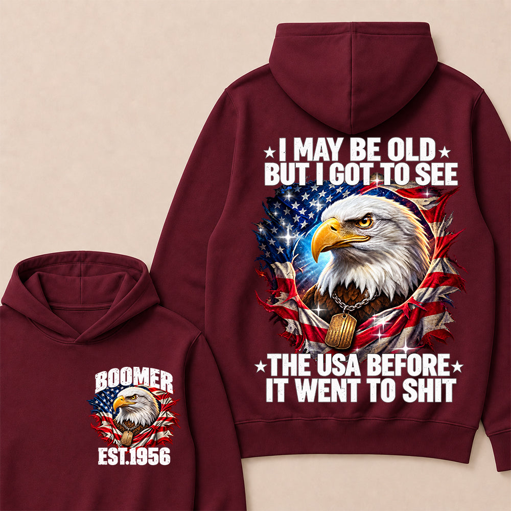 Boomer EST.Year I May Be Old But I Got To See America Longhorn Skull Retro Patriotic Eagle Hoodie