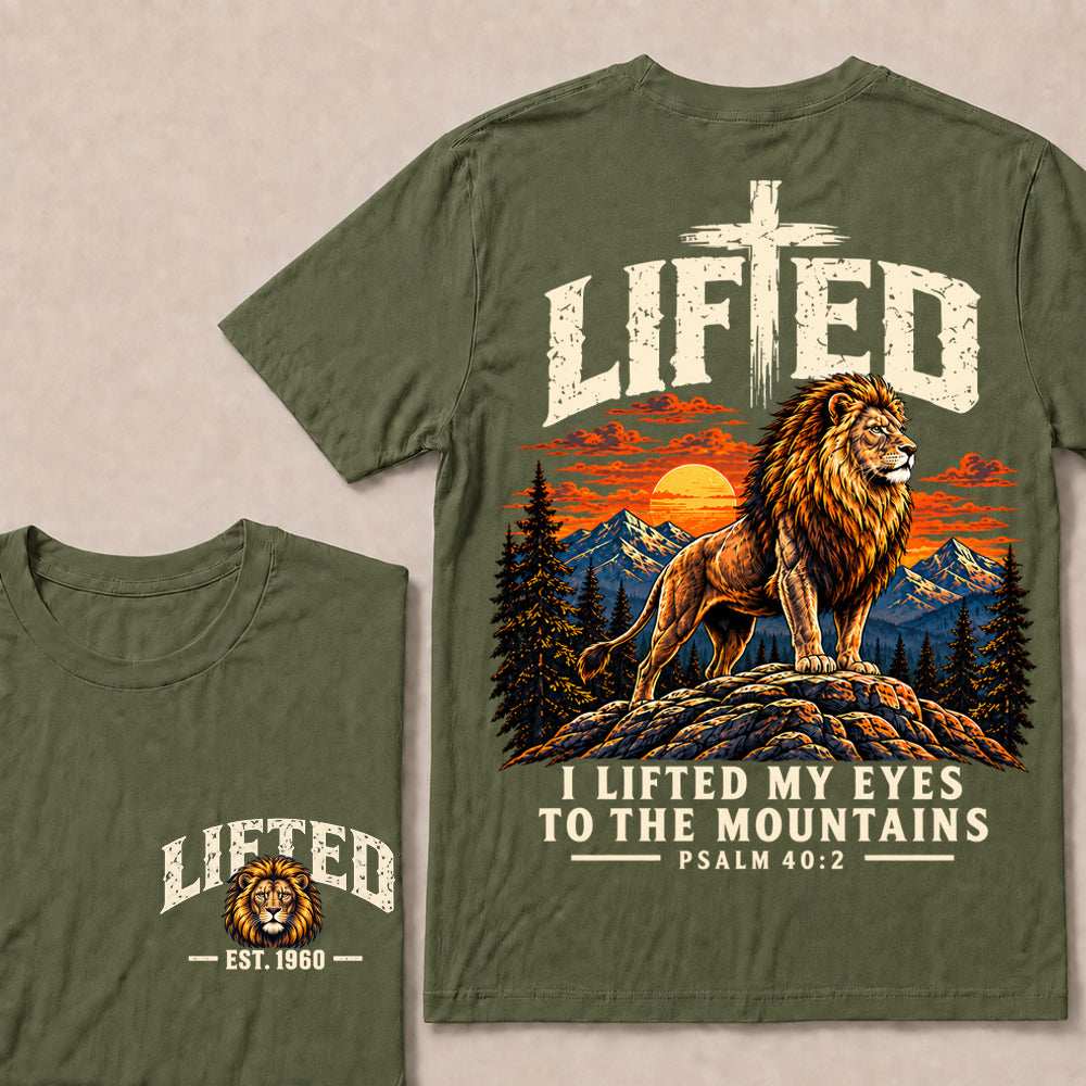 Lifted I Lifted My Eyes to the Mountains – Custom EST.Year Lion & Mountain Christian Graphic T-Shirt