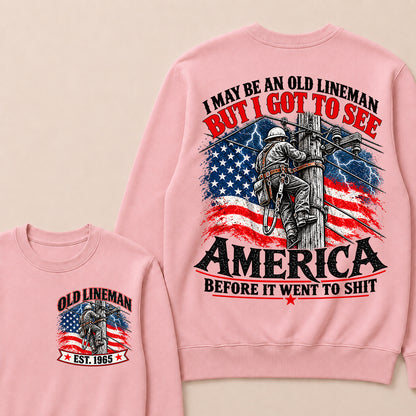 Funny Old Lineman American Flag Crewneck, Vintage Electrician Lineman Gift, Patriotic USA Powerline Worker Tee, Retro 1965 Lineman Crewneck