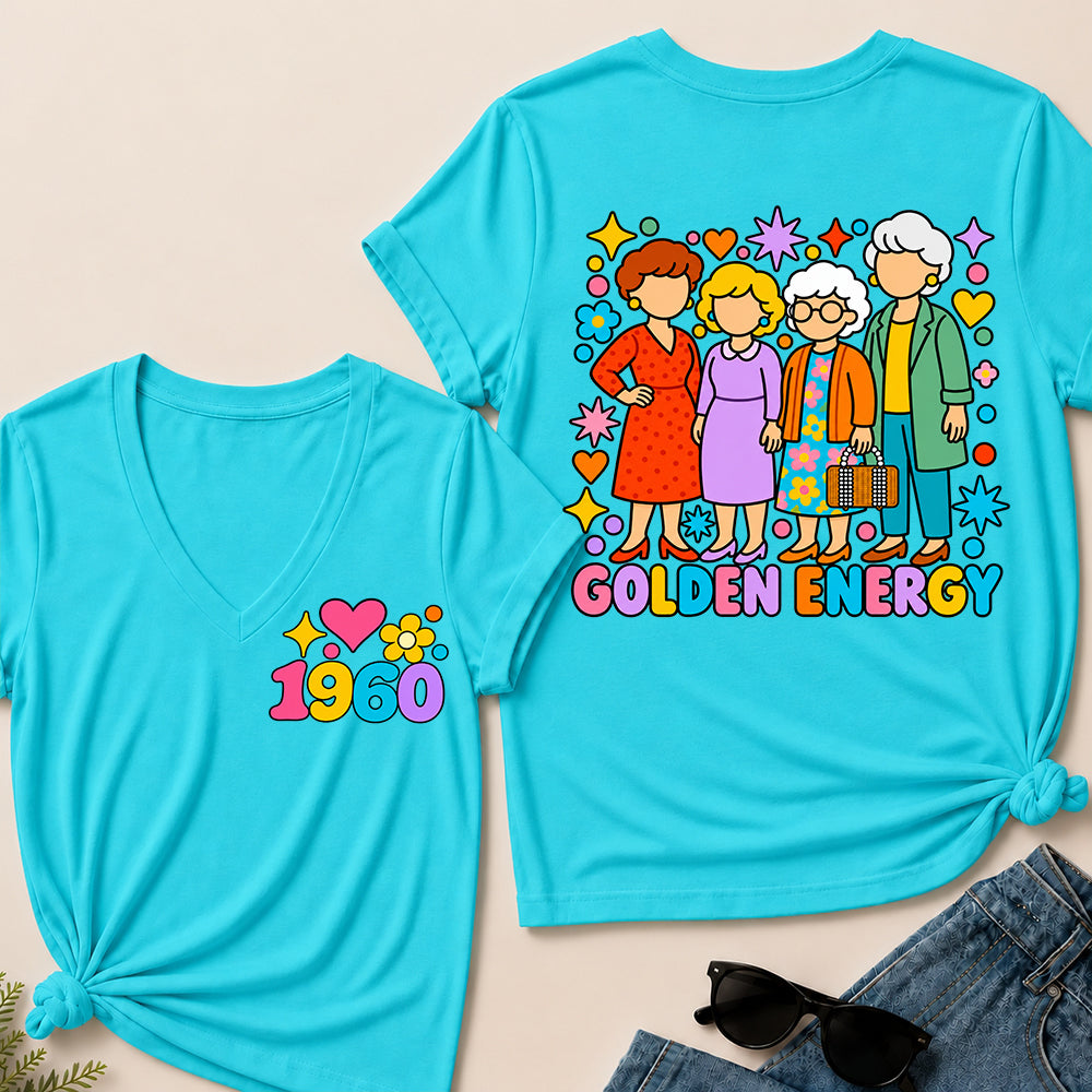 Golden Energy – Custom Birth Year Colorful Ladies Women’s V-Neck T-Shirt