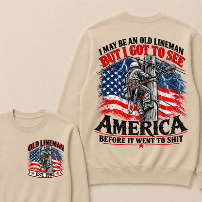 Funny Old Lineman American Flag Crewneck, Vintage Electrician Lineman Gift, Patriotic USA Powerline Worker Tee, Retro 1965 Lineman Crewneck