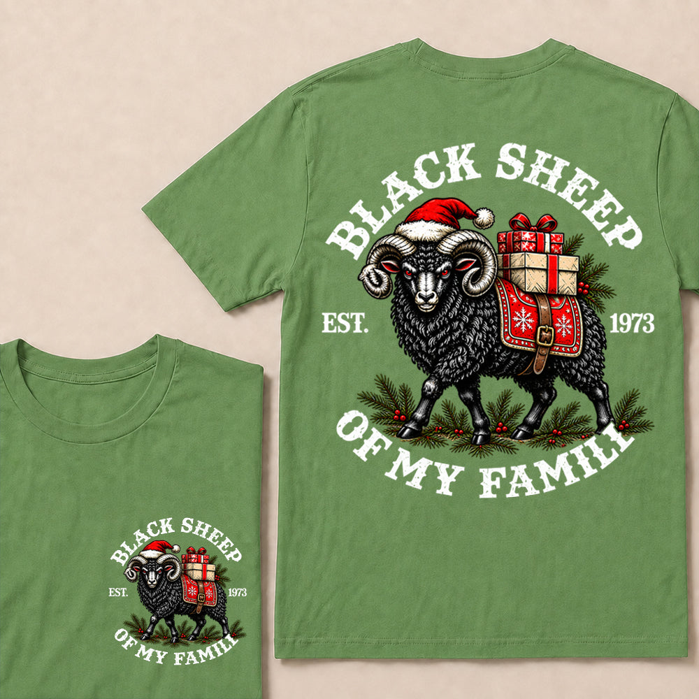 Black Sheep of My Family – Custom EST. Year Christmas Ram & Gifts Graphic T-Shirt